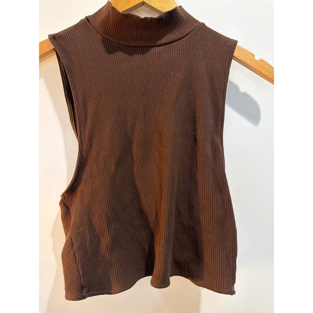 Urs Womens Brown Ribbed Mock Neck Open Back Surplice Crop Top Small